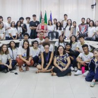 Visitantes em frente a mural da galeria do Plenário