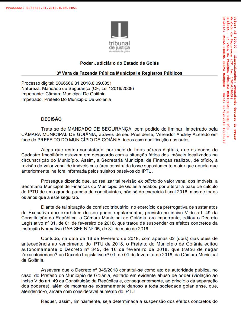 Justiça acata mandado de segurança da Presidência da Câmara em defesa de Decreto sobre o IPTU 