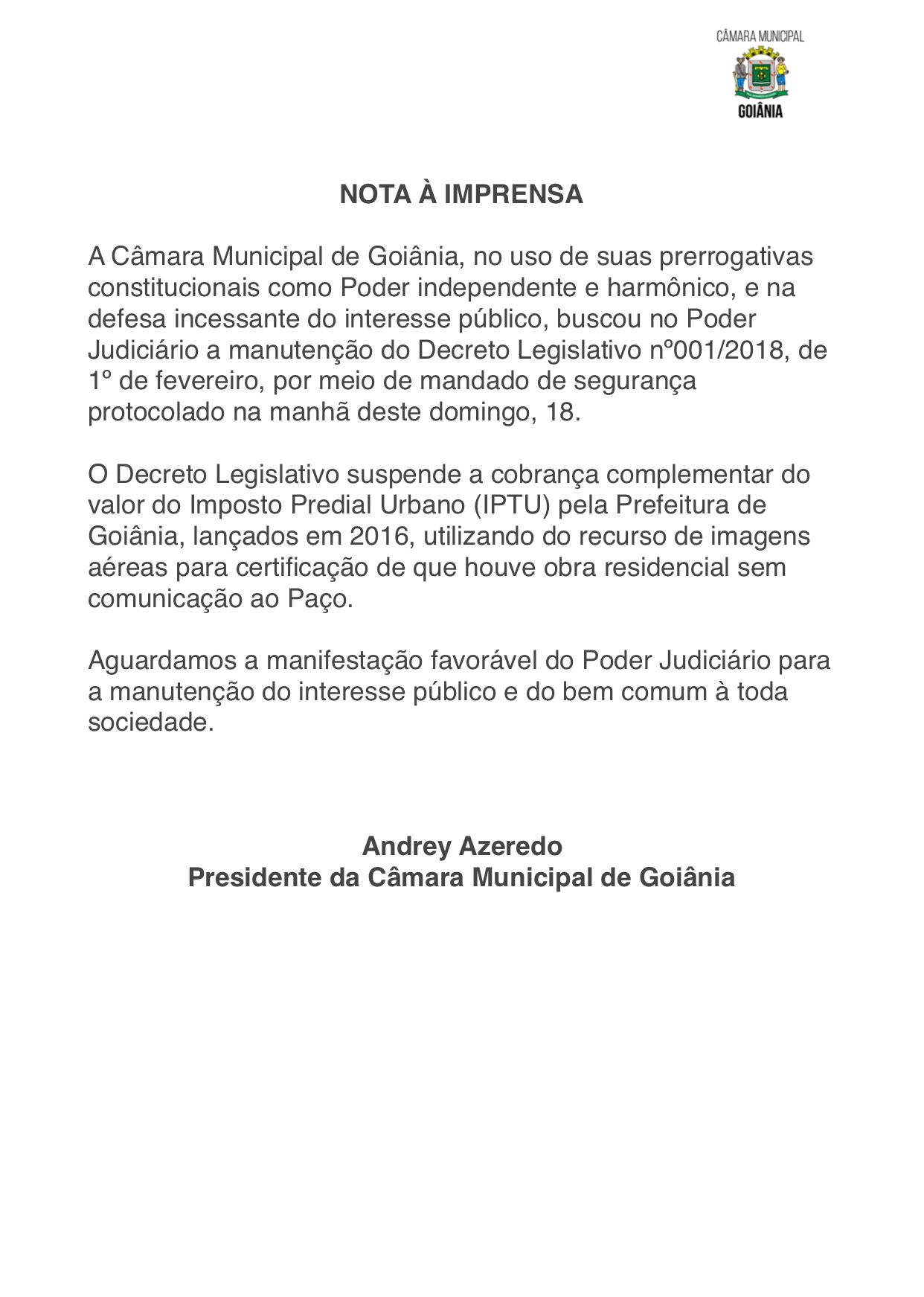 IPTU - Câmara entra com mandado de segurança para garantir decreto legislativo