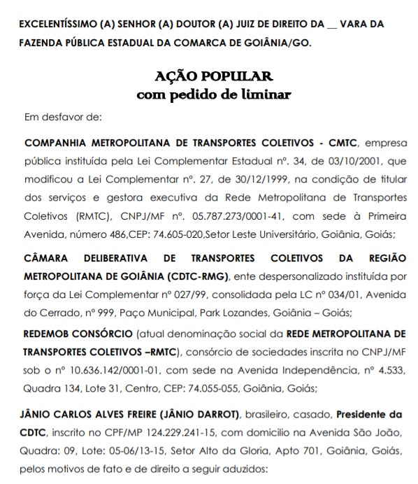 Representantes da Câmara de Goiânia e da Assembleia protocolam Ação contra aumento da passagem de ônibus